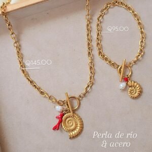 Juego de cadena & pulsera + charms de concha, coral y perla